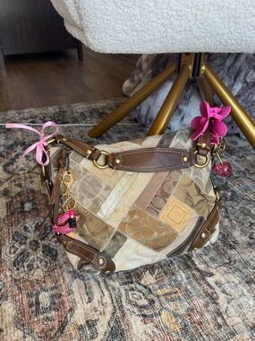 Coach Carly Patchwork Suede Shoulder Bag in Beige and Brown